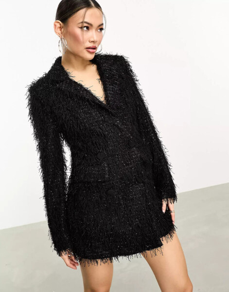 ASOS DESIGN fluffy blazer playsuit in black