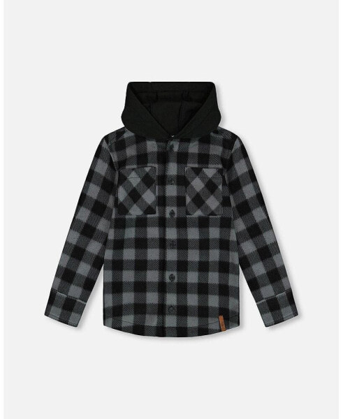 Toddler Boys Polar Fleece Shirt With Hood Black Plaid - Toddler|Child