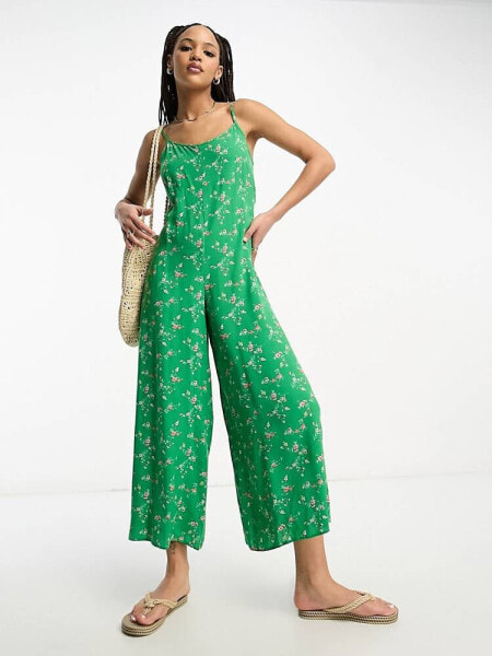 ASOS DESIGN strappy culotte jumpsuit in green floral print