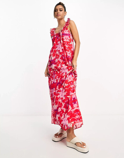 River Island – Midikleid in Rosa mit Blumenmuster, Rückenschnürung und Rüschenträgern