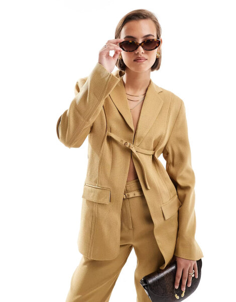 ASOS DESIGN tailored waisted blazer with raw edge details and belt in tan