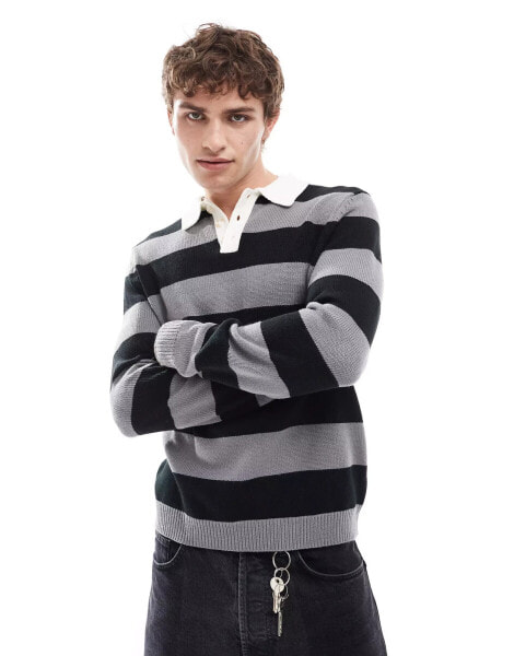 ASOS DESIGN knitted rugby polo in black and grey stripe