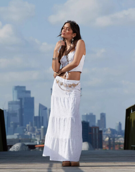 ASOS DESIGN co-ord tiered broderie maxi skirt in white