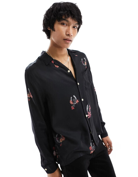 AllSaints Goodluck long sleeve print shirt in black