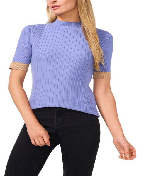 Women's Ribbed Mock-Neck Contrast-Cuff Sweater