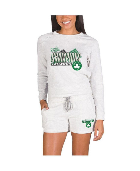 Women's Oatmeal Boston Celtics 2024 NBA Finals Champions Mainstream Tri-Blend Long Sleeve T-Shirt Shorts Set