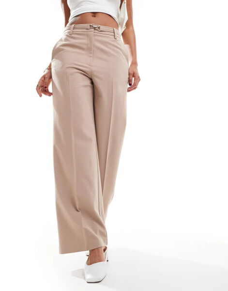 ASOS DESIGN buckle detail crop wide leg tailored trouser in taupe