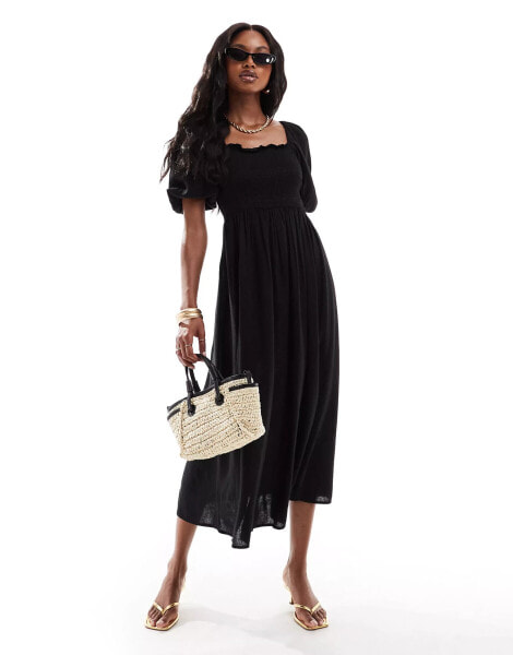 River Island puff sleeve linen dress in black