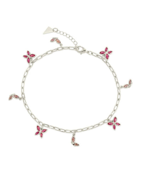 Silver-Tone or Gold-Tone Pink Cubic Zirconia Butterfly Charm Caria Anklet