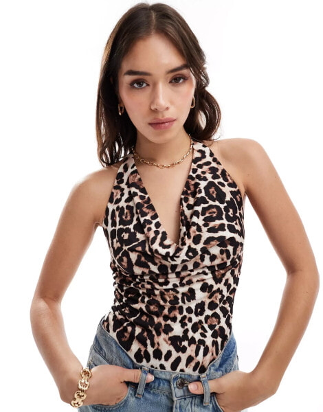 Bershka cowl neck polyamide bodysuit in leopard print