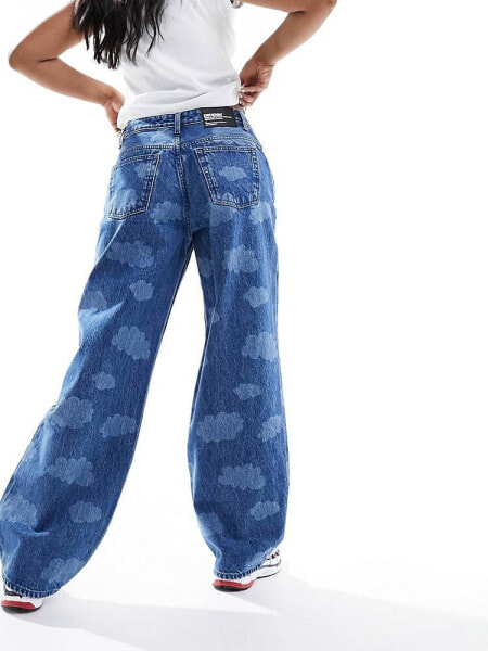 Dr Denim Hill low waist relaxed fit wide straight leg jeans in stream mid retro laser cloud wash