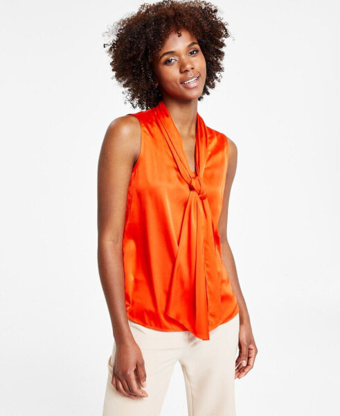 Women's Tie-Neck Sleeveless Satin Blouse, Created for Macy's