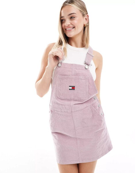 Tommy Jeans cord dungaree dress in washed pink