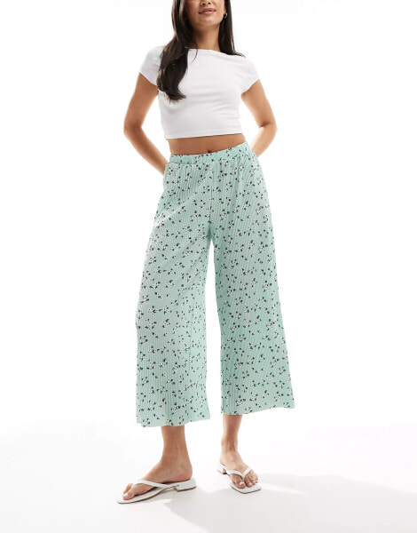 ASOS DESIGN plisse wide trouser culottes in green ditsy