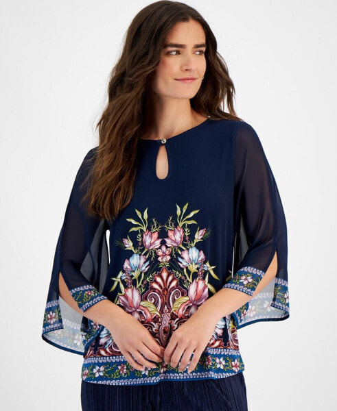 Petite Keyhole-Neck Border-Print Top, Created for Macy's