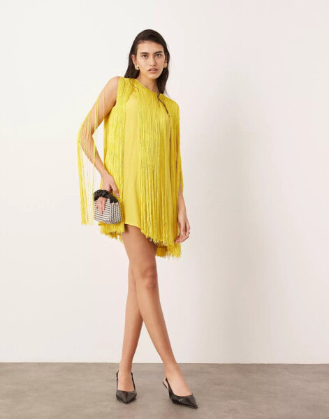 ASOS EDITION ultimate fringe trapeze mini dress in yellow