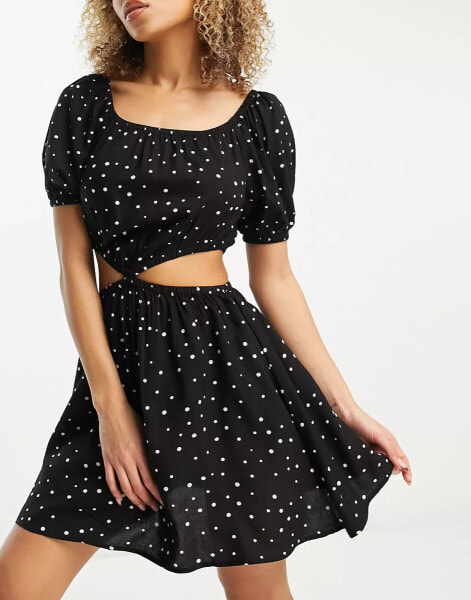 Esmee Exclusive beach square neckline mini summer dress with cut out detail in black polka dot