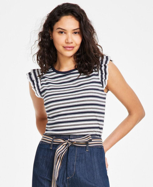 Women's Striped Ruffled-Sleeve Tee