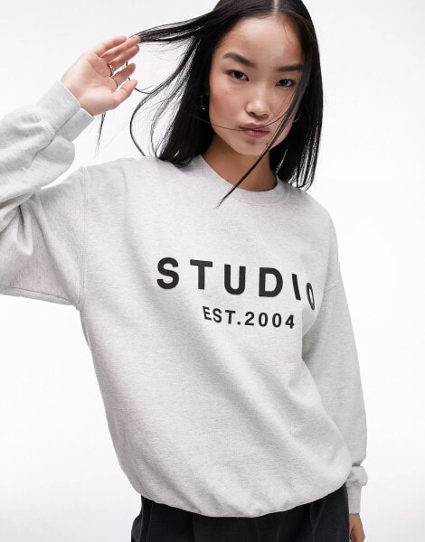 Topshop graphic rubberised studio est 2004 oversized sweat in grey marl