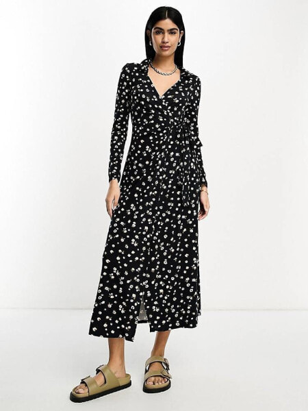 ASOS DESIGN long sleeve collared midi wrap dress in black floral ditsy print