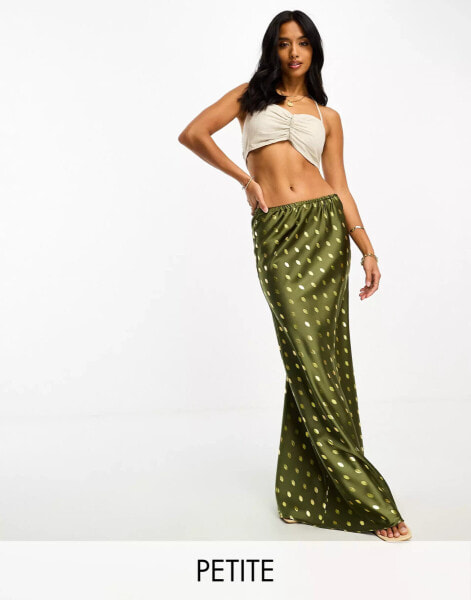 Never Fully Dressed Petite gold fleck satin maxi skirt in khaki