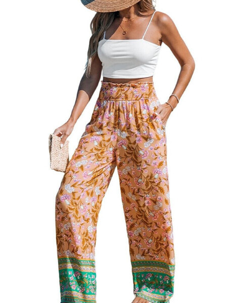 Women's Orange Floral Smocked Waist Straight Leg Pants