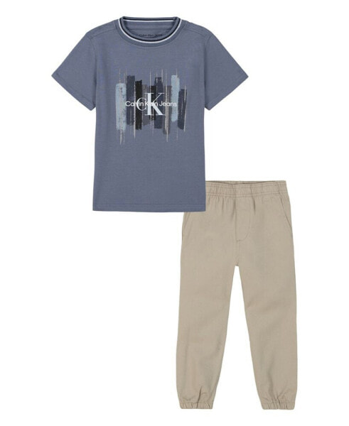 Little Boy Short Sleeve Graphic Tee and Twill Joggers Set