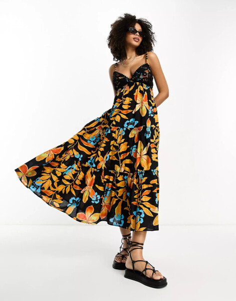 River Island tiered maxi beach dress in black tropical print