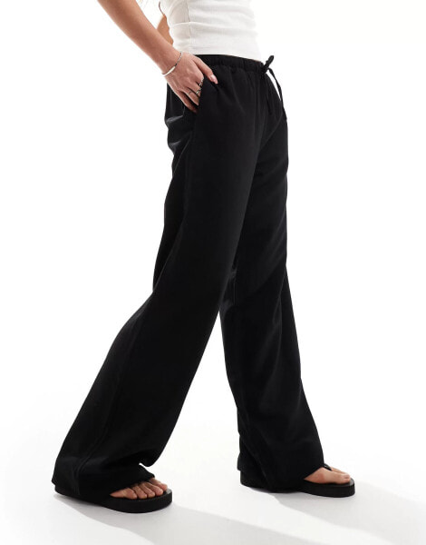 Monki drawstring straight leg trousers in black