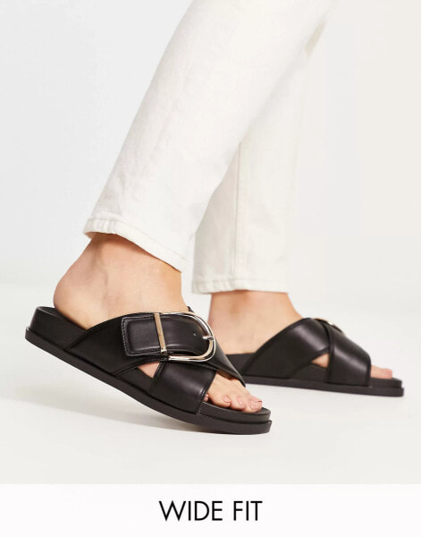 ASOS DESIGN Wide Fit Flash buckle cross vamp flat sandals in black - BLACK