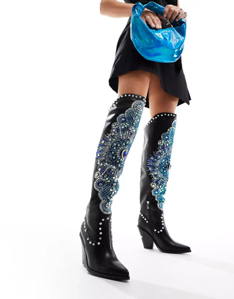 Azalea Wang Axelbeat embellished front western boot in black