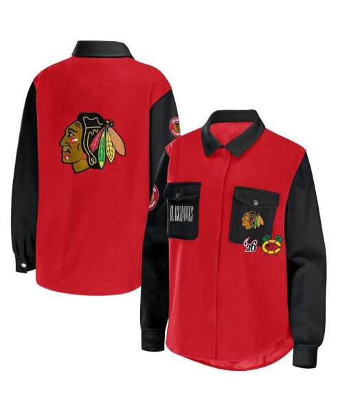 Women's Red, Black Chicago Blackhawks Colorblock Button-Up Shirt Jacket