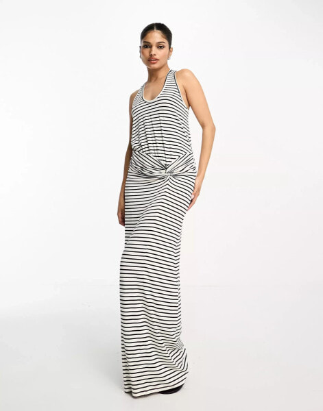 ASOS DESIGN halter neck maxi dress with twist back and ruched skirt in stripe