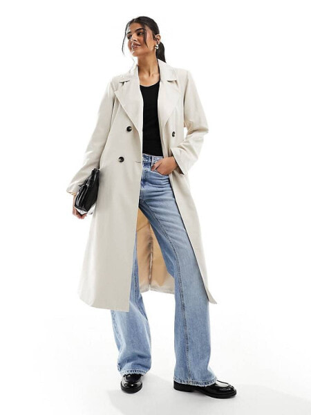 Pieces belted trench coat in stone