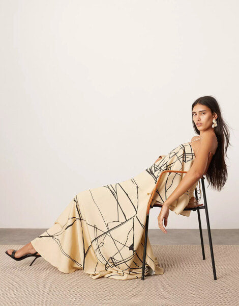 ASOS EDITION strappy square neck maxi dress with pockets and dramatic drape detail in mono abstract print