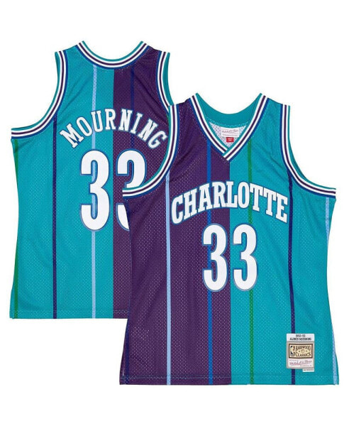 Men's Alonzo Mourning Teal, Purple Charlotte Hornets Hardwood Classics 1992-93 Split Swingman Jersey