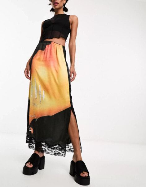 COLLUSION satin maxi slip skirt with lace hem in print