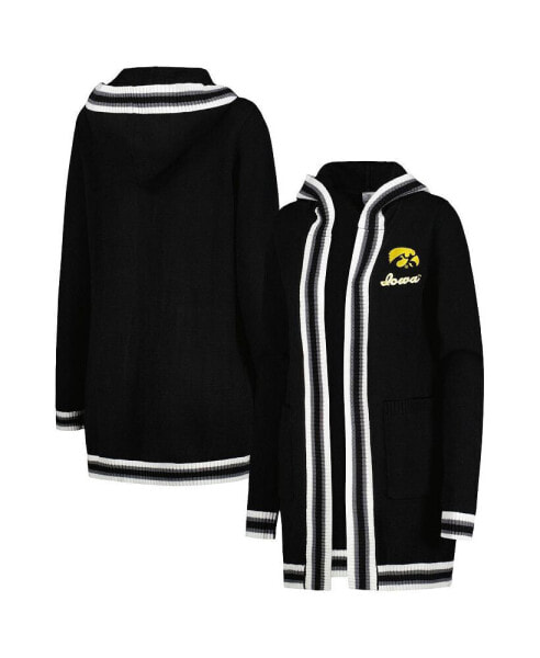 Women's Black Iowa Hawkeyes One More Round Tri-Blend Striped Hooded Cardigan Sweater