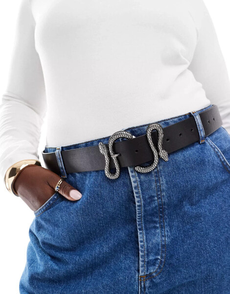 ASOS DESIGN Curve waist and hip jeans belt with silver snake buckle in black