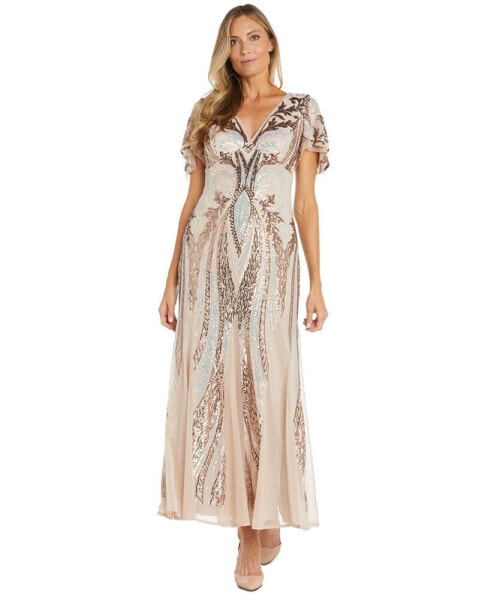 Women's Sequin Embellished Flutter-Sleeve V-Neck Gown