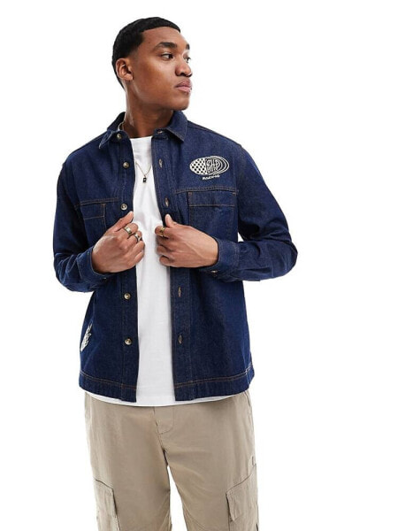 ASOS DESIGN denim overshirt with racing embroideries in indigo blue