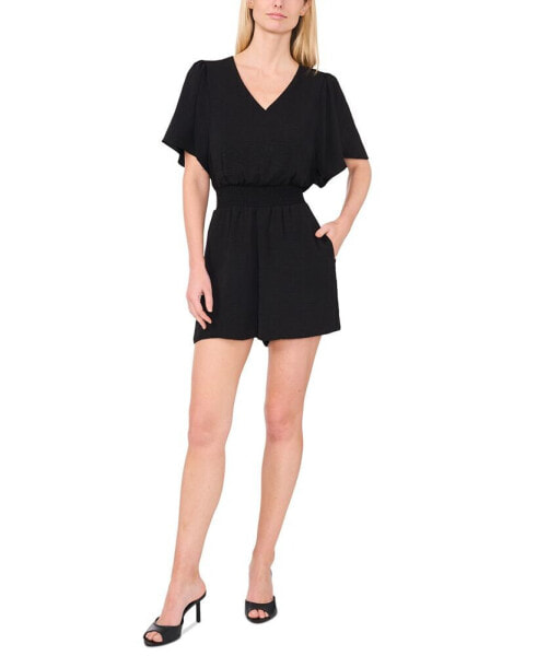 Women's Flutter-Sleeve V-Neck Smocked Romper