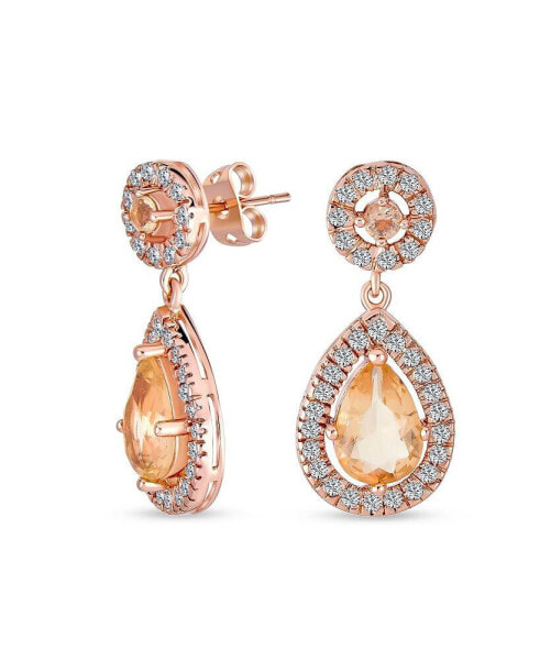 Fashion Pink CZ Cubic Zirconia Halo Pear Shaped Teardrop Dangle Earrings For Women Prom Rose Gold Plated Brass