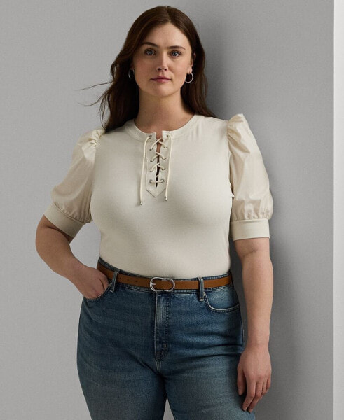 Plus Size Lace-Up Puff-Sleeve Top