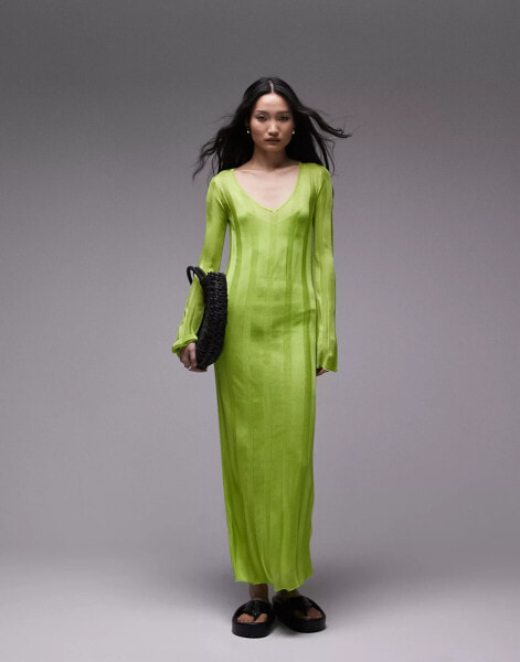 Topshop – Langärmliges, transparentes Strickkleid in Limettengrün