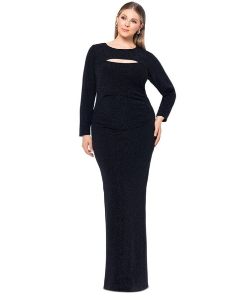 Plus Size Long-Sleeve Cutout Glitter-Knit Gown