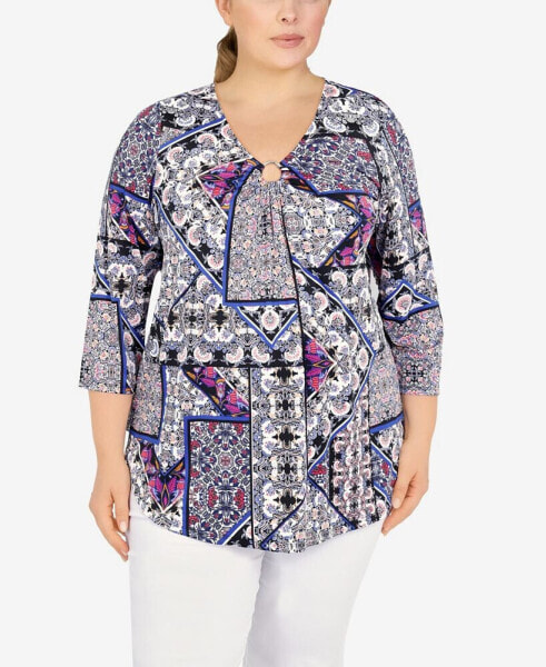 Plus Size Knit Folk Patchwork Puff Print Top