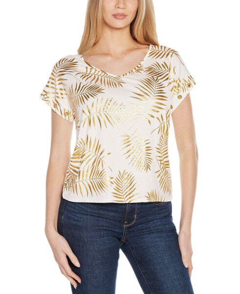 Women's Foil Print Grommet Trim Top