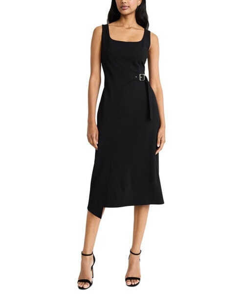 Women's Belt-Wrap Square-Neck Midi Dress