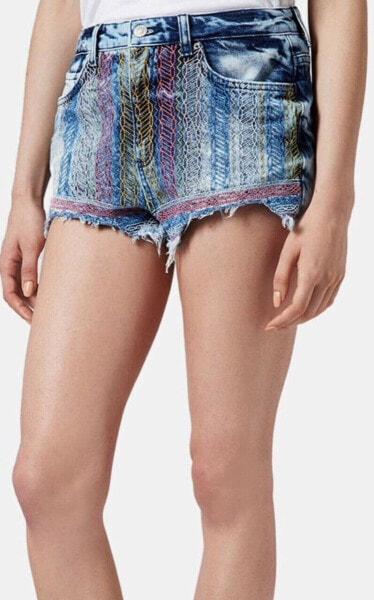 TOPSHOP Womens Embroidered High Rise Cutoff Cotton Shorts Light Denim Size 26